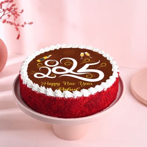 Crimson Bliss New Year Cake – a beautifully designed red-hued cake with decadent layers, ideal for festive and elegant New Year celebrations.