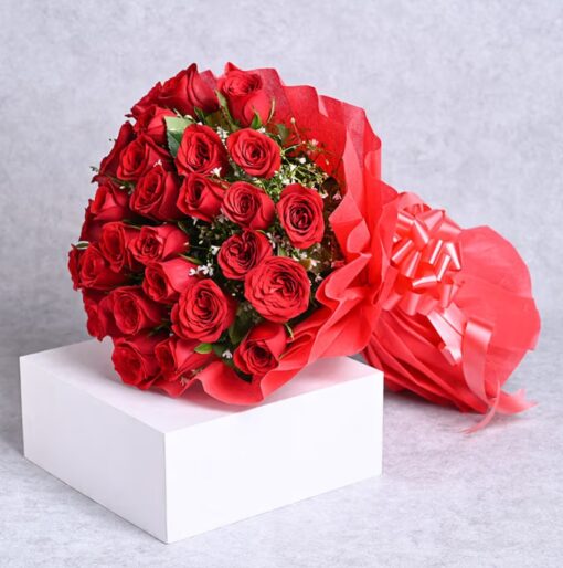 Crimson Rose Romance Elegance – a stunning bouquet of crimson roses arranged elegantly, ideal for expressing deep love and romantic devotion.