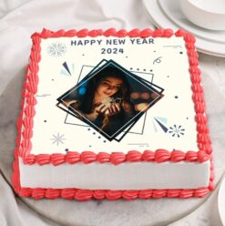 New Year Memories Photo Cake with personalized photo and festive decorations, offering a delicious treat for New Year's celebrations.