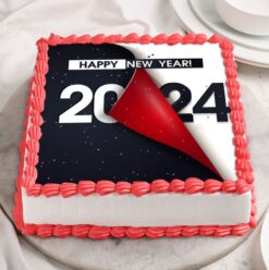 New Year Happiness Cake with vibrant layers, smooth frosting, and festive decorations, perfect for spreading joy and cheer at New Year's celebrations.