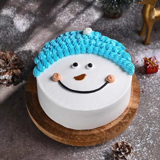 Frosty Snowman Delight Cake decorated with charming snowman designs, snowflakes, and festive elements, perfect for holiday celebrations.