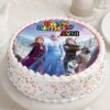 Frozen Adventure Cake featuring Elsa, Anna, and snowy decorations, perfect for a magical and wintry-themed celebration.