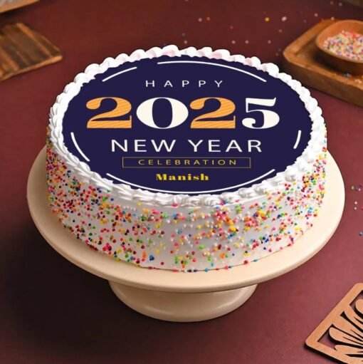 Joyous Moments New Year Cake decorated with festive elements.