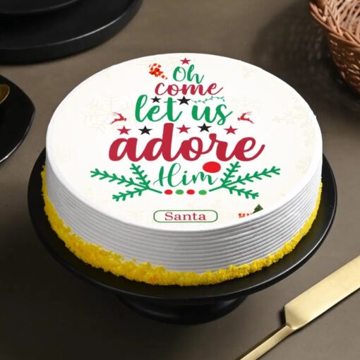 Let’s Adore Santa Cake adorned with Santa designs, festive decorations, and delicious holiday flavors.