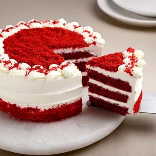 Luxury Red Velvet Cake – a moist, velvety cake with rich cream cheese frosting, ideal for sophisticated and indulgent celebrations.