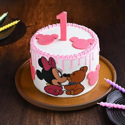 Minnie Sparkling Party Cake featuring glittery accents, Minnie Mouse designs, and festive decorations, ideal for birthdays or themed celebrations.