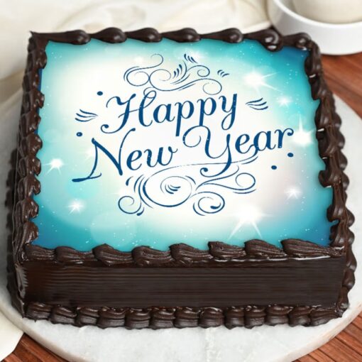 Chocolate Elegance New Year Cake with rich chocolate layers, smooth frosting, and elegant decorations, ideal for New Year's Eve celebrations.