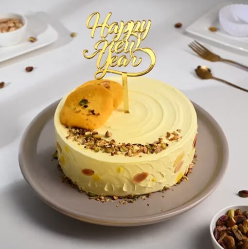 New Year Rasmalai Cake – a beautifully crafted cake infused with the rich and creamy flavors of traditional Indian rasmalai for festive joy.