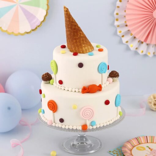 Party Vibes Delight Cake featuring colorful decorations and layers of deliciousness, perfect for birthdays, anniversaries, or lively gatherings.