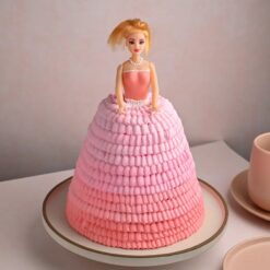 Pastel Barbie Doll Cake adorned with delicate pastel shades, fondant details, and a doll centerpiece, perfect for themed celebrations.