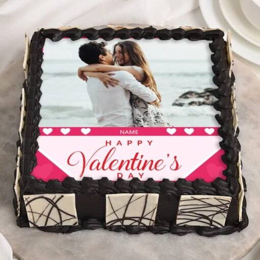 Valentine’s Day photo cake featuring a heartwarming image, surrounded by elegant frosting and decorative accents for a personalized romantic treat.