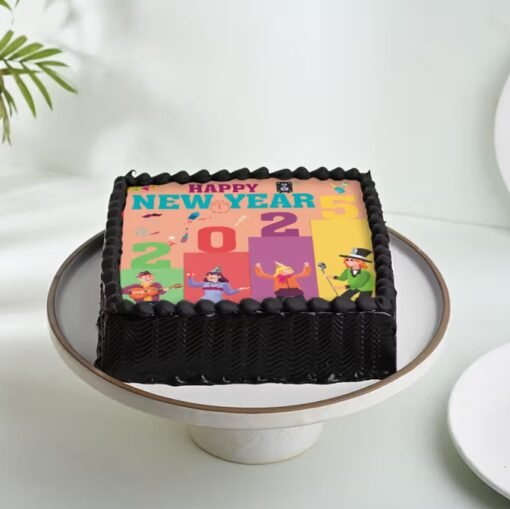 Radiant Joy New Year Cake with vibrant layers, creamy frosting, and dazzling decorations, perfect for spreading happiness at New Year celebrations.