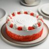 Red Velvet Indulgence Cake with vibrant red layers, creamy frosting, and elegant decoration for an indulgent dessert experience.