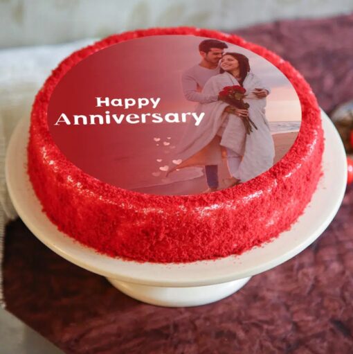 Anniversary Red Velvet Cake with moist red velvet layers, topped with rich cream cheese frosting for a perfect celebration.