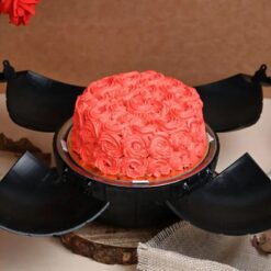 Velvet Romance Bomb Cake with rich velvet layers, smooth frosting, and a delightful surprise inside, perfect for romantic occasions and celebrations.