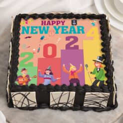 Radiant Joy New Year Cake with vibrant layers, creamy frosting, and dazzling decorations, perfect for spreading happiness at New Year celebrations.