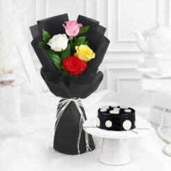 Romantic Roses & Truffle Combo – a stunning arrangement of red roses paired with rich truffle cake, ideal for romantic moments.