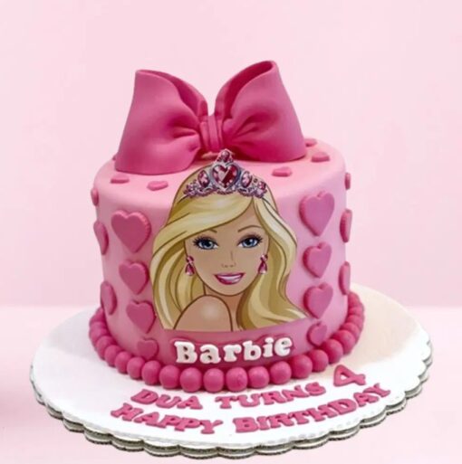 Rosy Glam Barbie Cake with delicate pink tones, fondant accents, and a touch of glamour for Barbie-themed birthdays and parties.