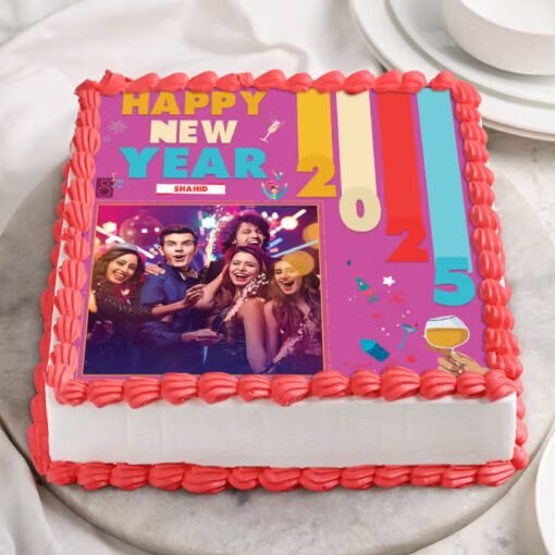 Snap & Celebrate New Year Cake with customizable photo decoration.