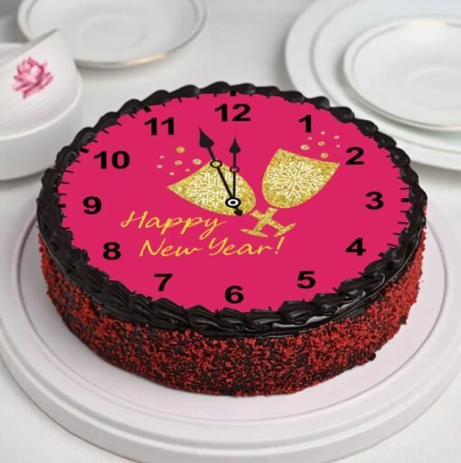 Sparkling New Year Clock Cake adorned with festive designs, a clock centerpiece, and delicious holiday flavors.