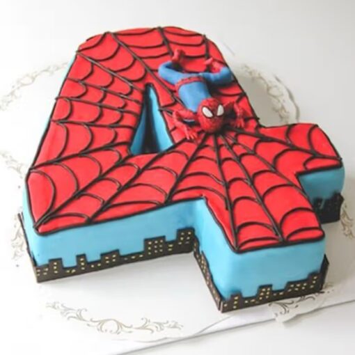 A Spiderman Four Number Cake, designed for superhero fans – ideal for birthday parties and Spiderman-themed celebrations.