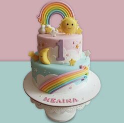 A colorful Sun and Rainbow Tier Cake featuring bright layers and a cheerful, vibrant design.