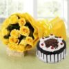 Sunshine Roses & Black Forest Bliss – a vibrant combination of roses and rich Black Forest cake, ideal for joyful occasions.