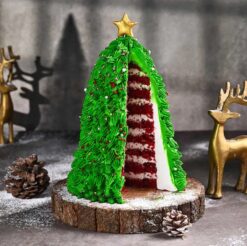 Velvety Christmas Tree Cake with rich layers and holiday-inspired decorations, perfect for festive celebrations.