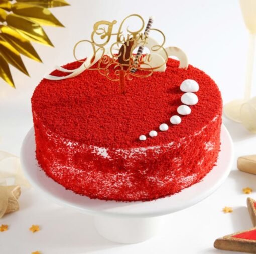 Red Velvet New Year Cake, a moist and decadent cake with rich red color and creamy frosting, perfect for New Year's.