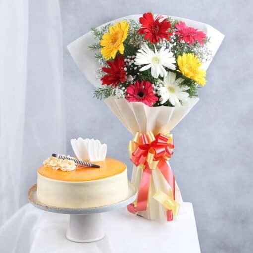 Vibrant Gerbera & Butterscotch Cake – a stunning cake adorned with colorful gerbera flowers and creamy butterscotch frosting, ideal for celebrations.