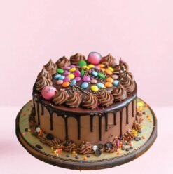 Chocolate cake decorated with vibrant gems candy on a smooth chocolate glaze.