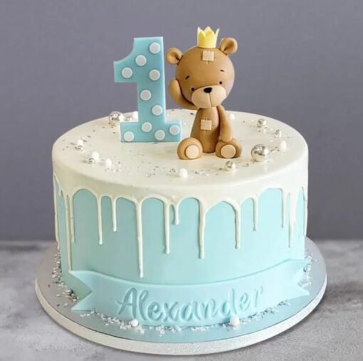 Teddy Drip Cake decorated with a cute teddy topper, pastel colors, and elegant chocolate drips.