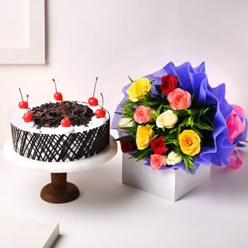 Blooming Roses & Black Forest Fantasy – A stunning bouquet of fresh roses paired with a rich Black Forest cake, perfect for special occasions.