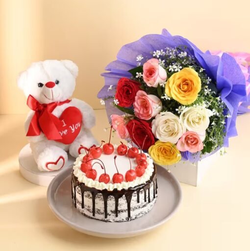 Choco Bloom Teddy Surprise featuring premium chocolates, fresh flowers, and an adorable teddy bear for the perfect romantic or celebratory gift.