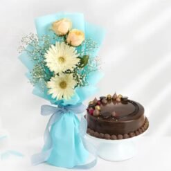 Chocolate Cake & Floral Elegance featuring a decadent chocolate cake paired with fresh, vibrant flowers—ideal for gifts and celebrations.