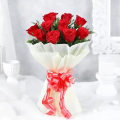 Crimson Elegance Bouquet with stunning red roses and lush greenery, a perfect floral gift for love, anniversaries, and special celebrations.