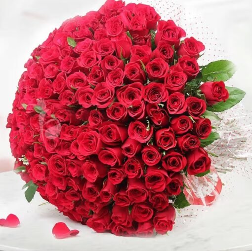 Crimson Love Symphony – A luxurious arrangement of vibrant red roses, perfect for romantic gestures, anniversaries, and special occasions.