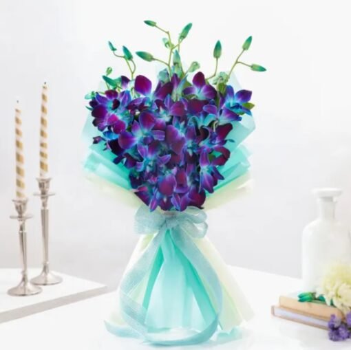 Ethereal Blue Orchid Bouquet – A mesmerizing floral arrangement featuring exquisite blue orchids, symbolizing beauty, elegance, and admiration.