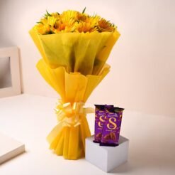 Golden Bloom & Choco Love featuring premium chocolates and vibrant golden flowers—ideal for romantic gifts, birthdays, and special occasions.