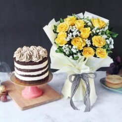 Golden Rose Indulgence Combo featuring stunning golden roses and rich chocolate treats, perfect for luxury gifting and special occasions.