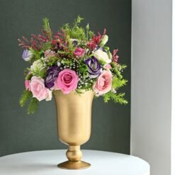 Golden Vase Blossom Serenade – A luxurious arrangement of vibrant blossoms in an elegant golden vase, perfect for enhancing any special occasion.