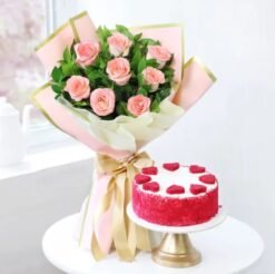 Graceful Petals & Cake Delight featuring a beautiful floral arrangement paired with a delicious cake, perfect for heartfelt celebrations.