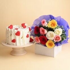 Love Cake and Flower Combo featuring a beautifully designed cake and a fresh floral bouquet, perfect for romantic celebrations and surprises.