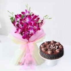 Mystic Orchids with Chocolate Truffle Cake—an elegant floral and dessert combo featuring exotic orchids and a rich, indulgent chocolate cake.