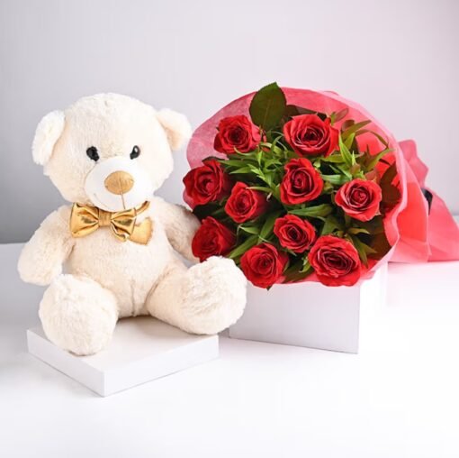 Opulent Roses With Teddy – Elegant rose bouquet with a cuddly teddy bear, a perfect gift for love, romance, and special occasions.