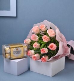 Pink Roses and Ferrero Rocher Combo featuring fresh pink roses and premium Ferrero Rocher chocolates, a luxurious gift for any celebration.