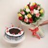 Rosy Elegance bouquet with a delicious cake, a perfect combination for birthdays, anniversaries, and romantic surprises.