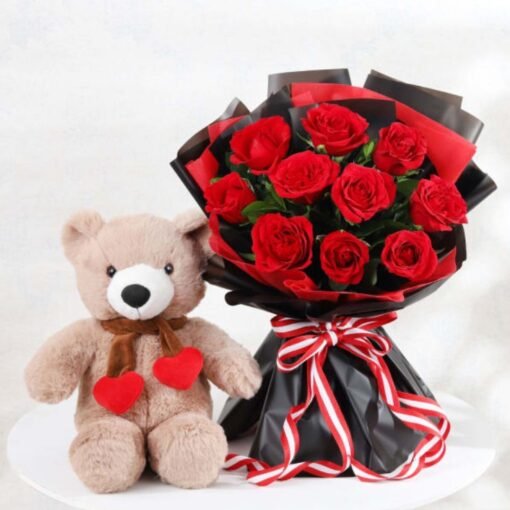 Rosy Teddy Hugs gift set with fresh roses and a cute teddy bear, ideal for romantic surprises and heartfelt gestures.