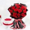 Scarlet Bliss Cake & Blooms – A delectable red velvet cake with a bouquet of fresh red roses, ideal for romantic celebrations.