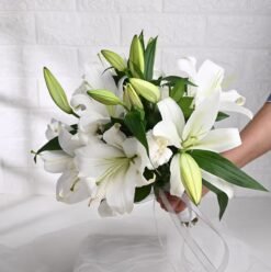 Snowy Whisper Arrangement – A stunning bouquet of soft white flowers, evoking elegance and tranquility, perfect for a peaceful ambiance.